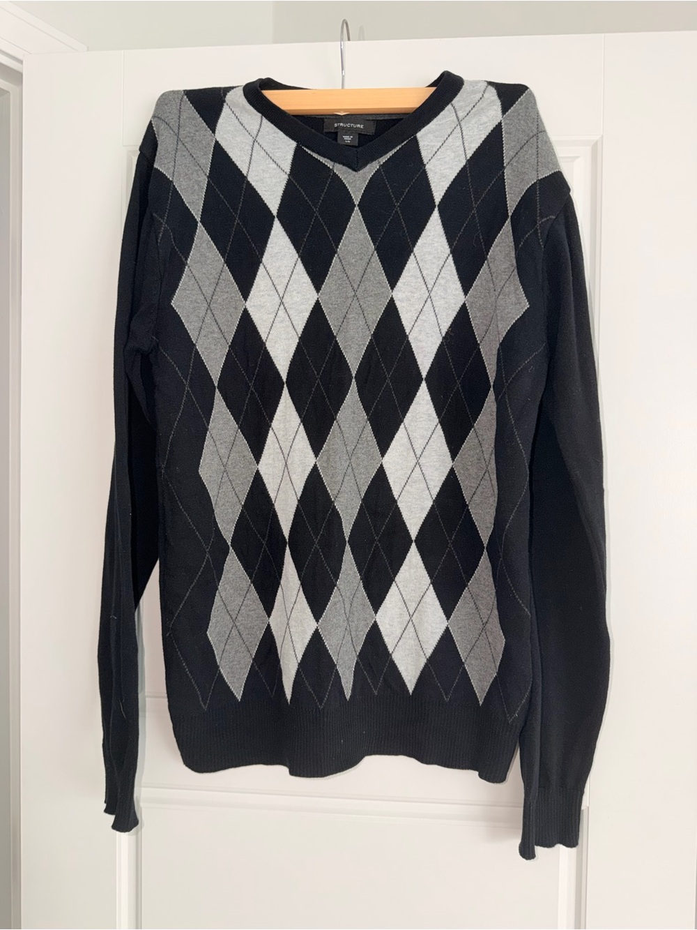Structure Black and Gray Argyle V-Neck Sweater - Men